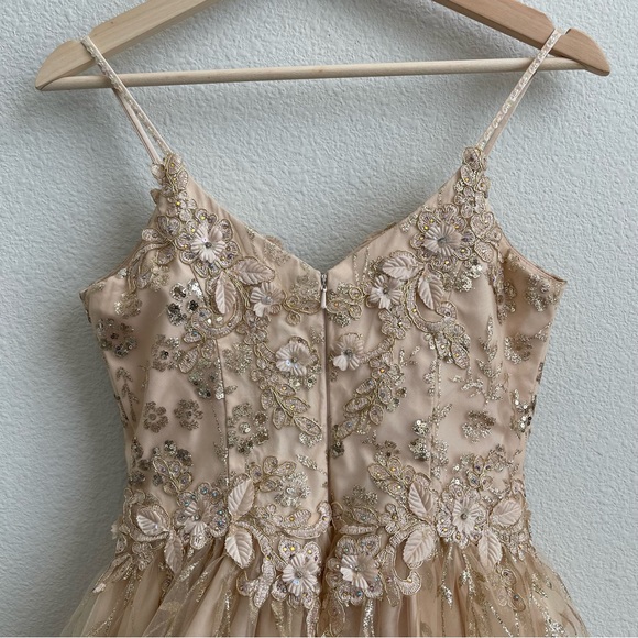 DANCING QUEEN Gold Beige Floral Glitter Tinker Bell Fairy Princess Tulle Dress - Picture 8 of 13